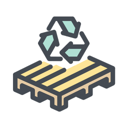 Illustration of a wooden pallet with a green recycling symbol above it, representing pallet recycling, pallet collection, or sustainable materials.