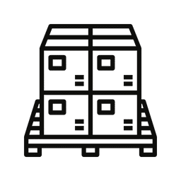 Black and white line drawing of four boxes stacked on a wooden pallet, representing efficient logistics services.