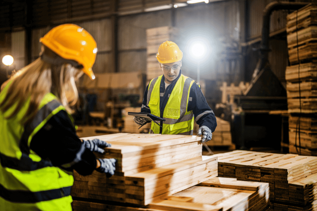 Two workers in safety vests and helmets handle stacked wooden boards in a warehouse, with one worker using a digital tablet to coordinate services.