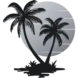 Silhouette of two palm trees gracefully positioned against a circular, gray background, evoking the tranquility of a tropical location.