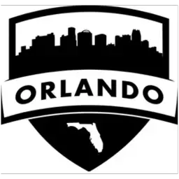 This black and white logo captures the essence of Orlando's skyline silhouetted above the word "Orlando," with an outline of Florida below, emphasizing its iconic location.