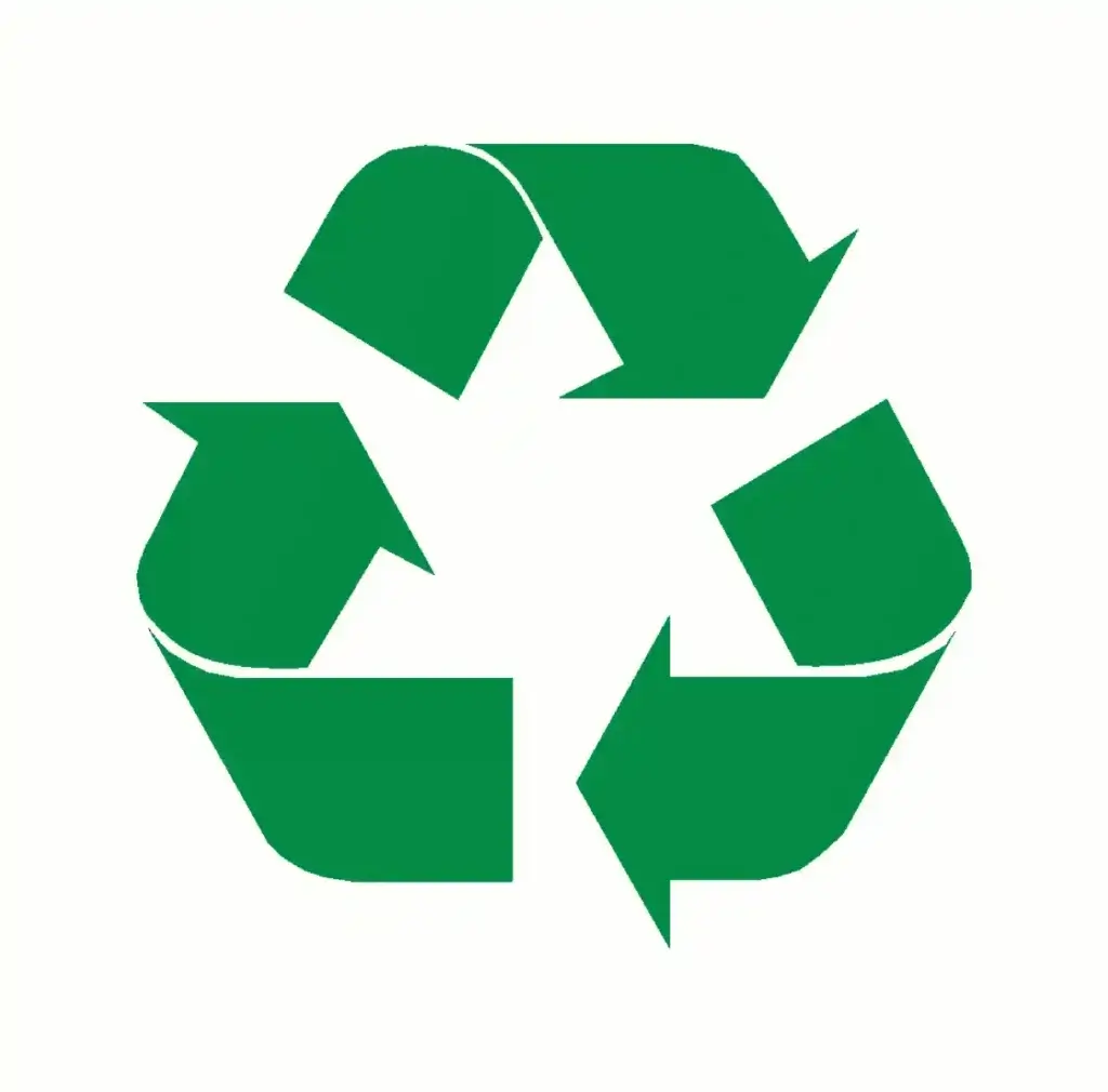 Green recycling symbol with three arrows forming a continuous triangle, representing the concept of recycling and environmental sustainability, often seen on pallet materials to indicate their eco-friendly reuse.